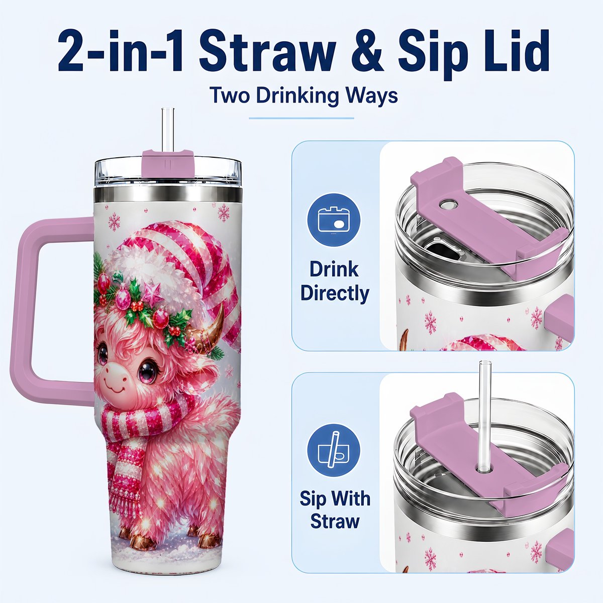 #pl[40oz|Pink] Pink Highland Cow 40oz Tumbler with Handle, Holiday Cup for Women
