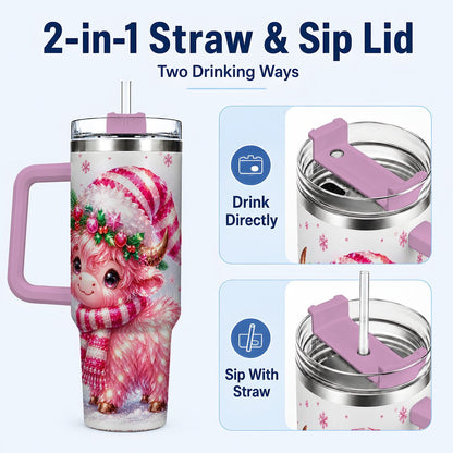 #pl[40oz|Pink] Pink Highland Cow 40oz Tumbler with Handle, Holiday Cup for Women