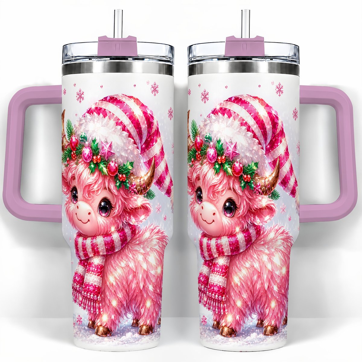 #pl[40oz|Pink] Pink Highland Cow 40oz Tumbler with Handle, Holiday Cup for Women