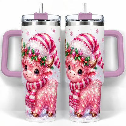 #pl[40oz|Pink] Pink Highland Cow 40oz Tumbler with Handle, Holiday Cup for Women