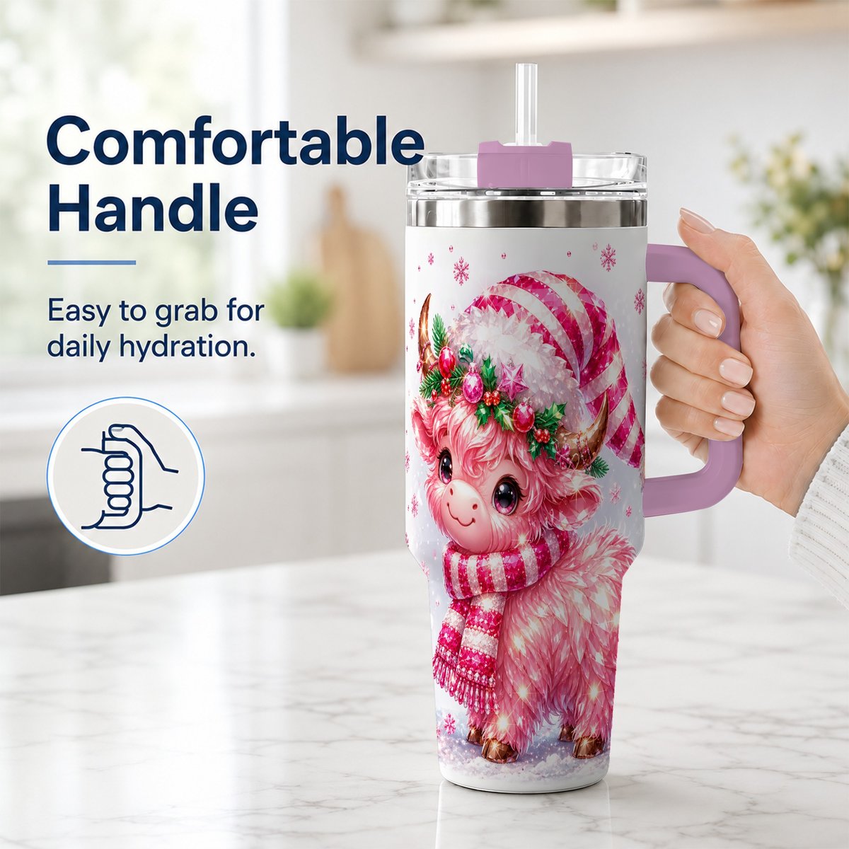 #pl[40oz|Pink] Pink Highland Cow 40oz Tumbler with Handle, Holiday Cup for Women
