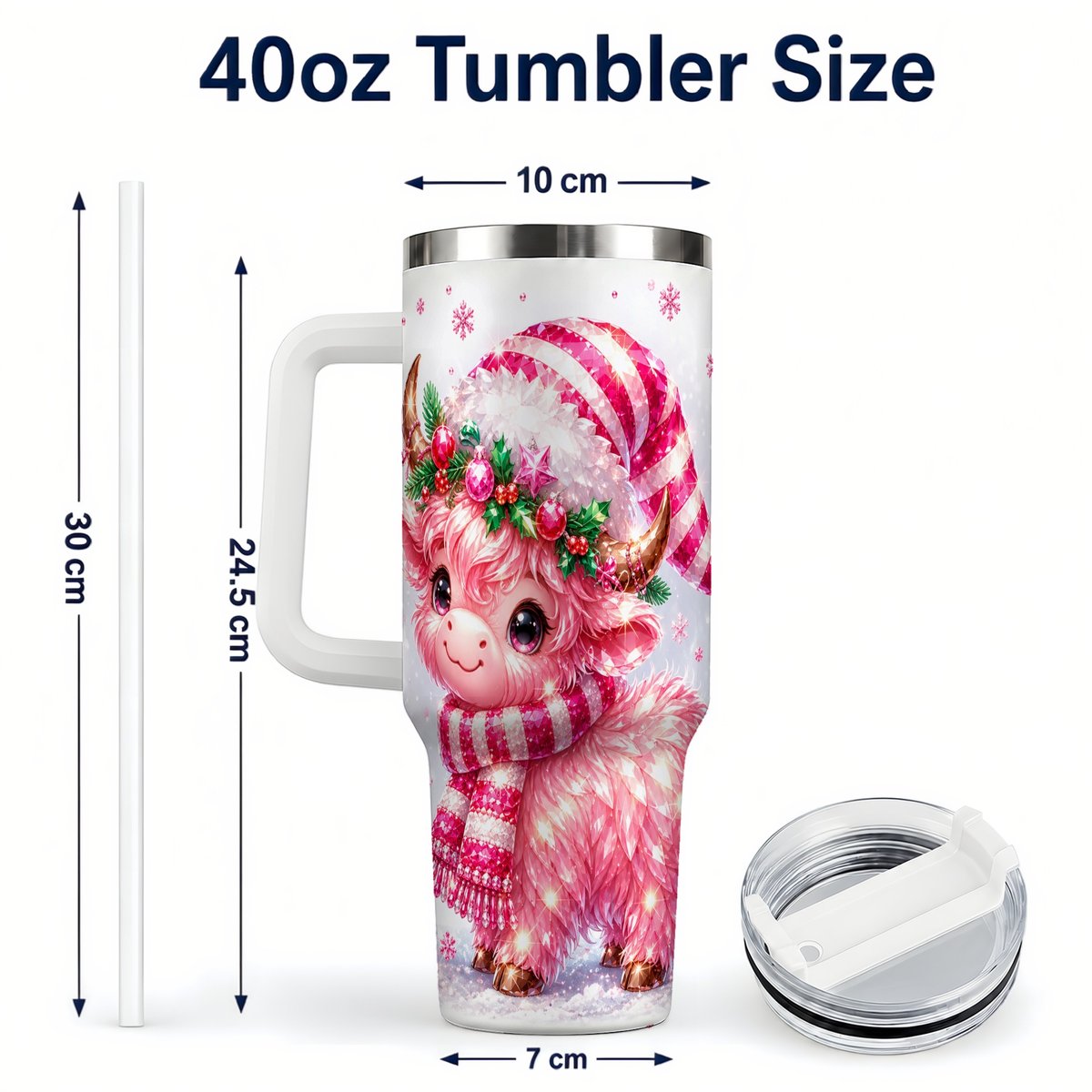 #pl[40oz|White] Pink Highland Cow 40oz Tumbler with Handle, Holiday Cup for Women