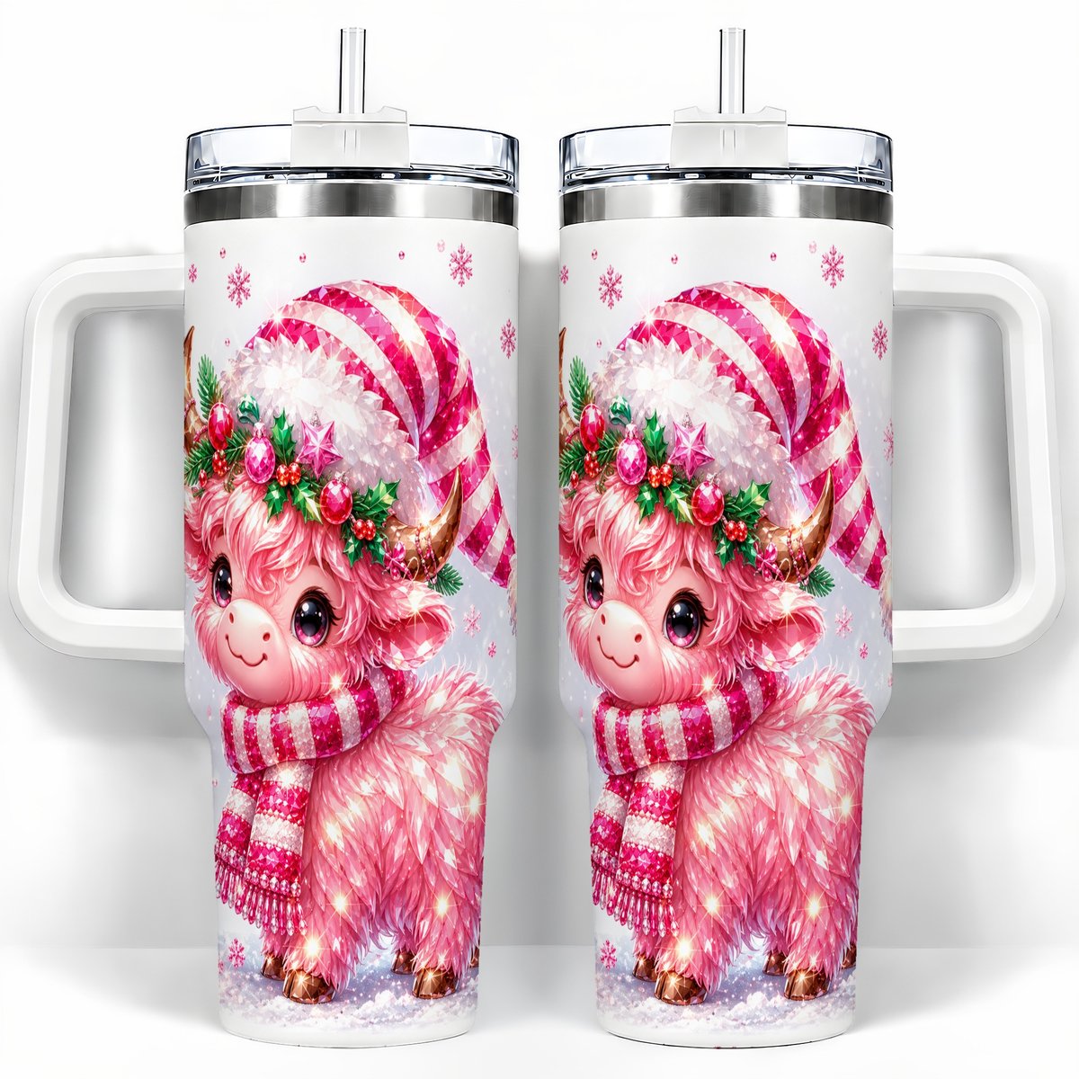 Pink Highland Cow 40oz Tumbler with Handle, Holiday Cup for Women