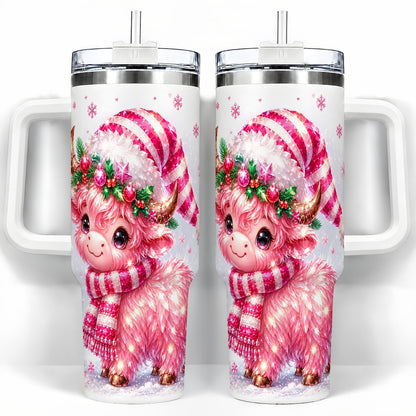 Pink Highland Cow 40oz Tumbler with Handle, Holiday Cup for Women