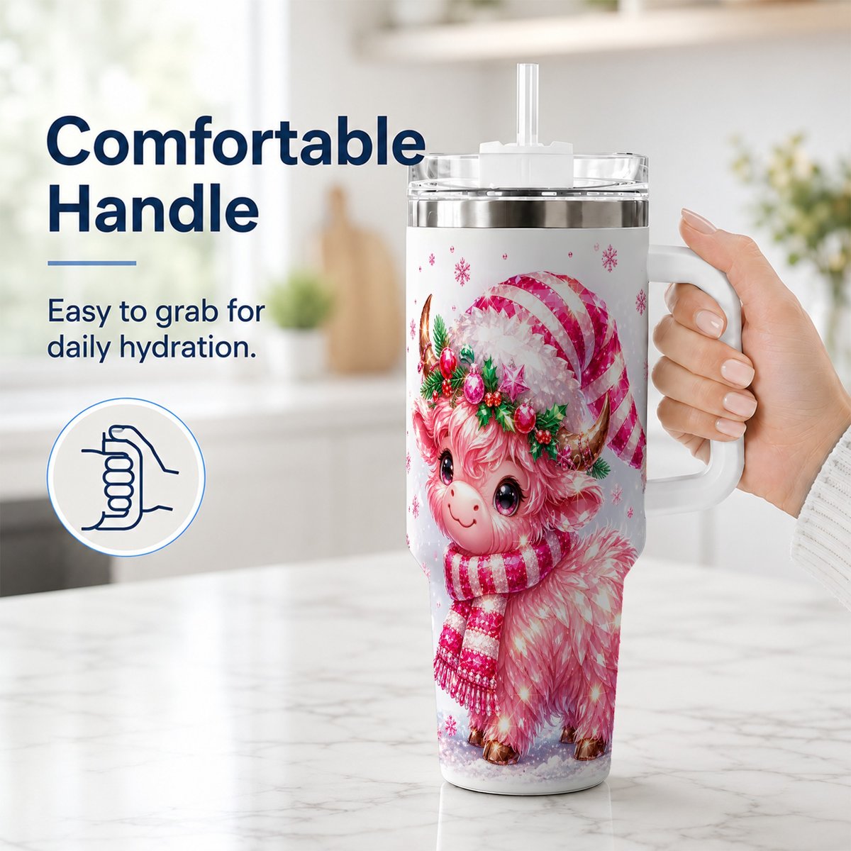 #pl[40oz|White] Pink Highland Cow 40oz Tumbler with Handle, Holiday Cup for Women
