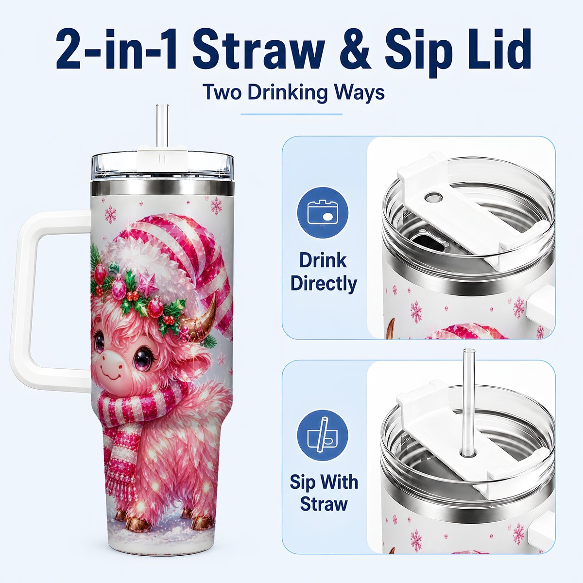 #pl[40oz|White] Pink Highland Cow 40oz Tumbler with Handle, Holiday Cup for Women