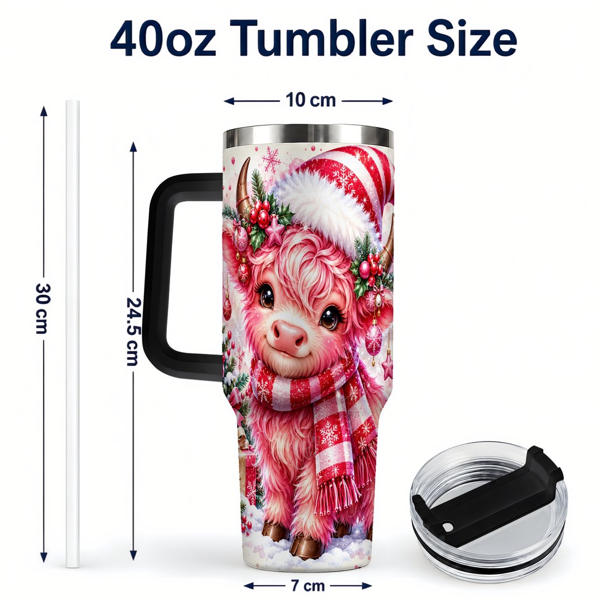 #pl[40oz|Black] Pink Highland Cow 40oz Tumbler with Handle, Christmas Cup for Women