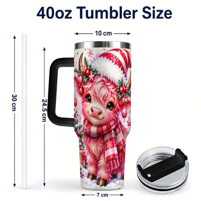#pl[40oz|Black] Pink Highland Cow 40oz Tumbler with Handle, Christmas Cup for Women