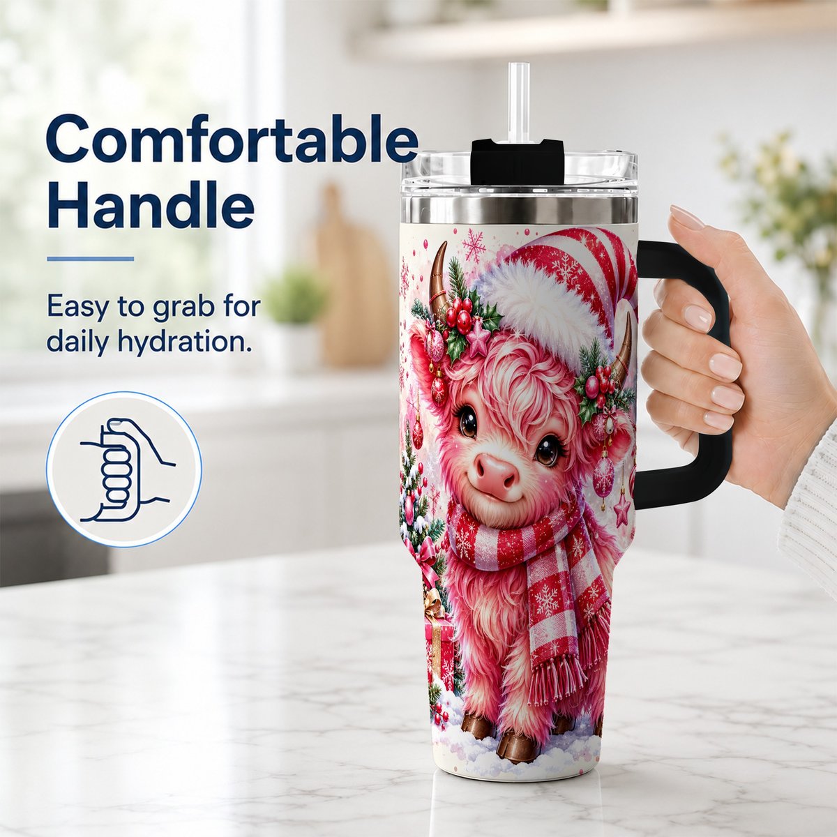 #pl[40oz|Black] Pink Highland Cow 40oz Tumbler with Handle, Christmas Cup for Women