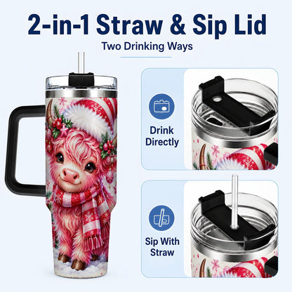 #pl[40oz|Black] Pink Highland Cow 40oz Tumbler with Handle, Christmas Cup for Women