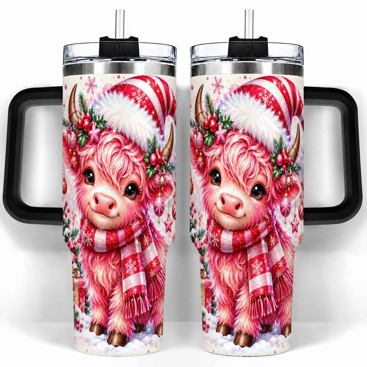#pl[40oz|Black] Pink Highland Cow 40oz Tumbler with Handle, Christmas Cup for Women