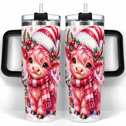 #pl[40oz|Black] Pink Highland Cow 40oz Tumbler with Handle, Christmas Cup for Women