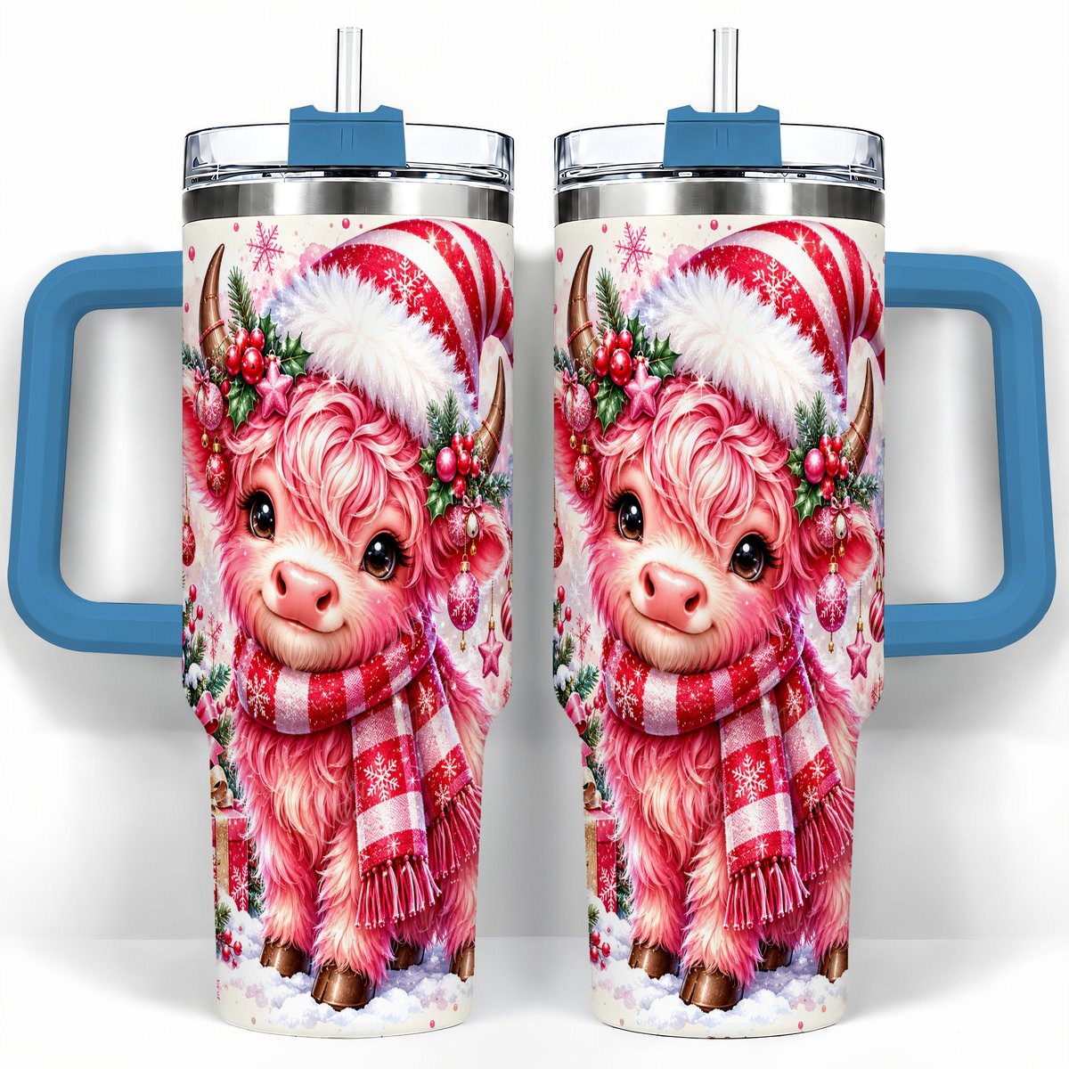 #pl[40oz|Blue] Pink Highland Cow 40oz Tumbler with Handle, Christmas Cup for Women