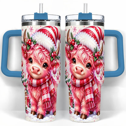 #pl[40oz|Blue] Pink Highland Cow 40oz Tumbler with Handle, Christmas Cup for Women