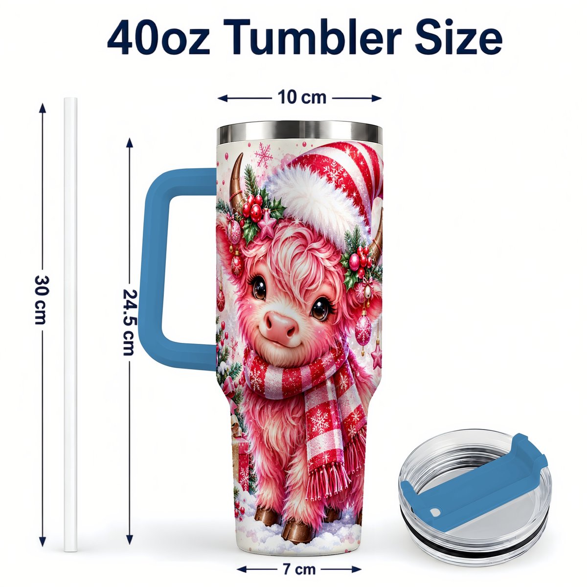 #pl[40oz|Blue] Pink Highland Cow 40oz Tumbler with Handle, Christmas Cup for Women