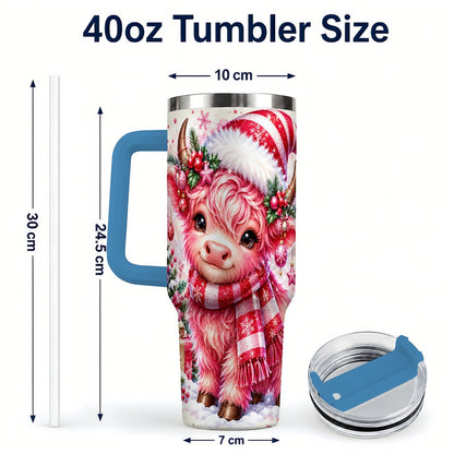 #pl[40oz|Blue] Pink Highland Cow 40oz Tumbler with Handle, Christmas Cup for Women