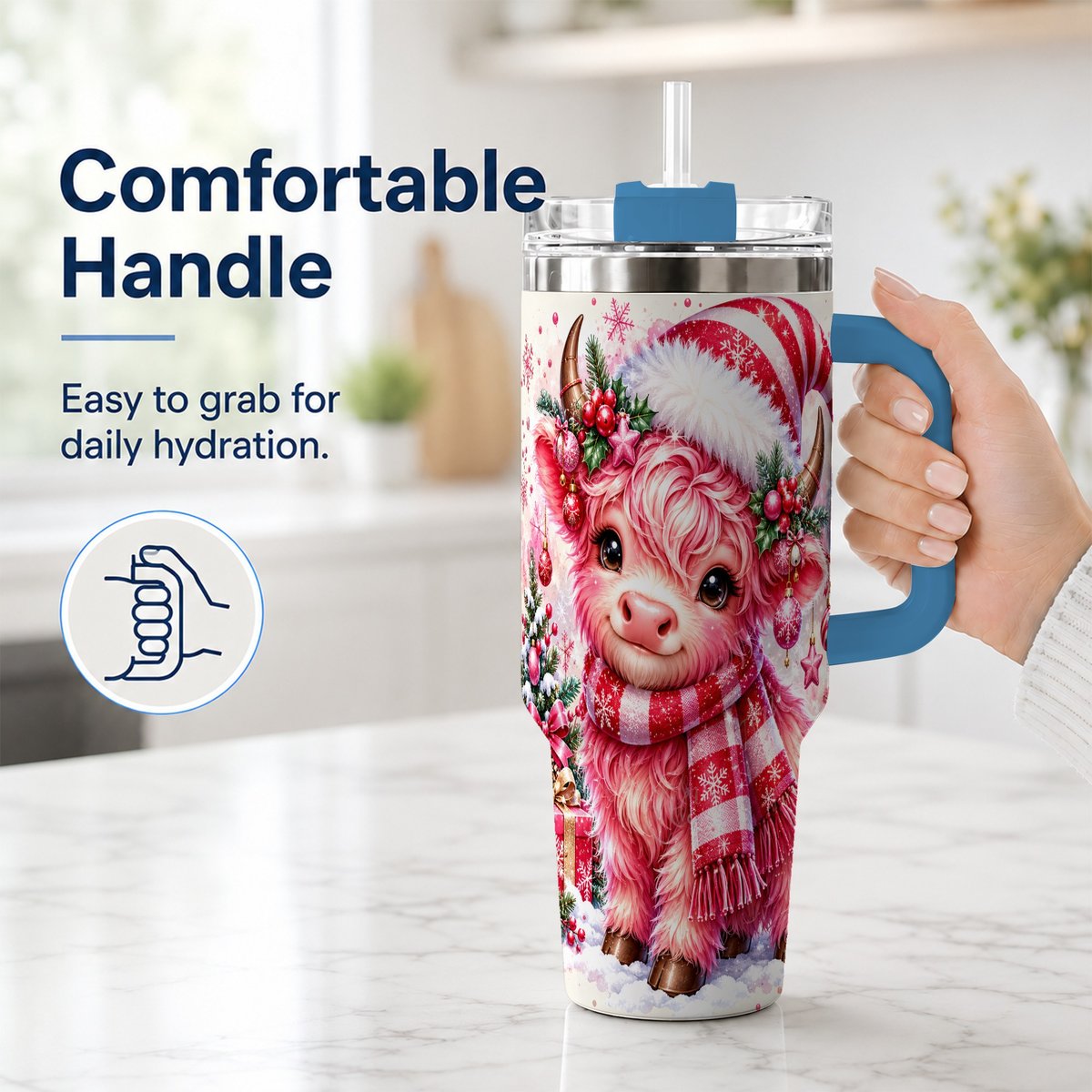 #pl[40oz|Blue] Pink Highland Cow 40oz Tumbler with Handle, Christmas Cup for Women