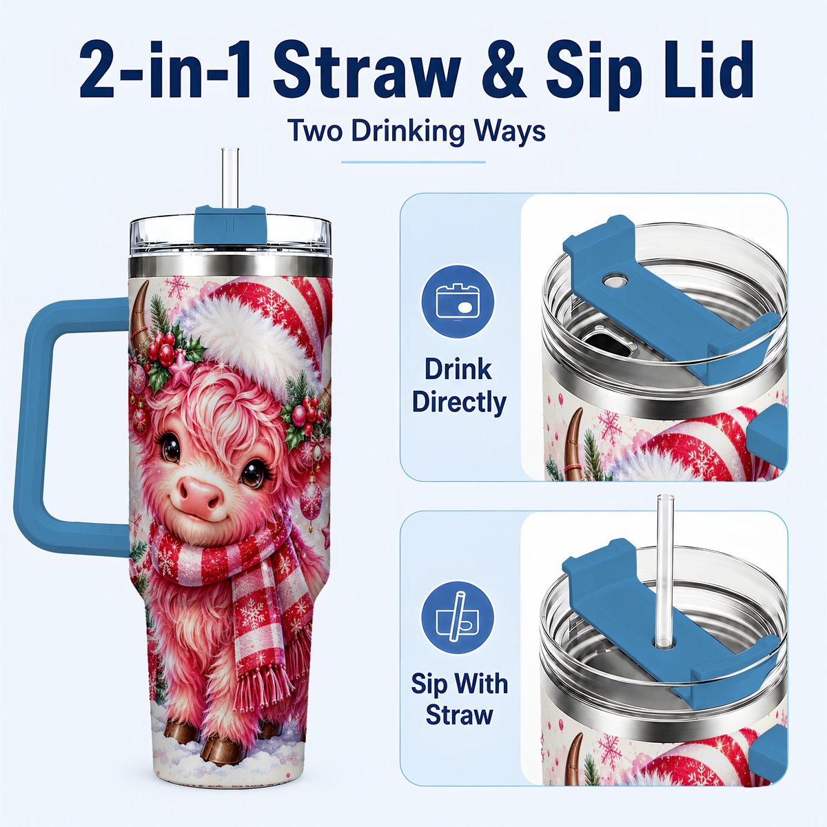 #pl[40oz|Blue] Pink Highland Cow 40oz Tumbler with Handle, Christmas Cup for Women