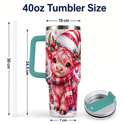 #pl[40oz|Green] Pink Highland Cow 40oz Tumbler with Handle, Christmas Cup for Women