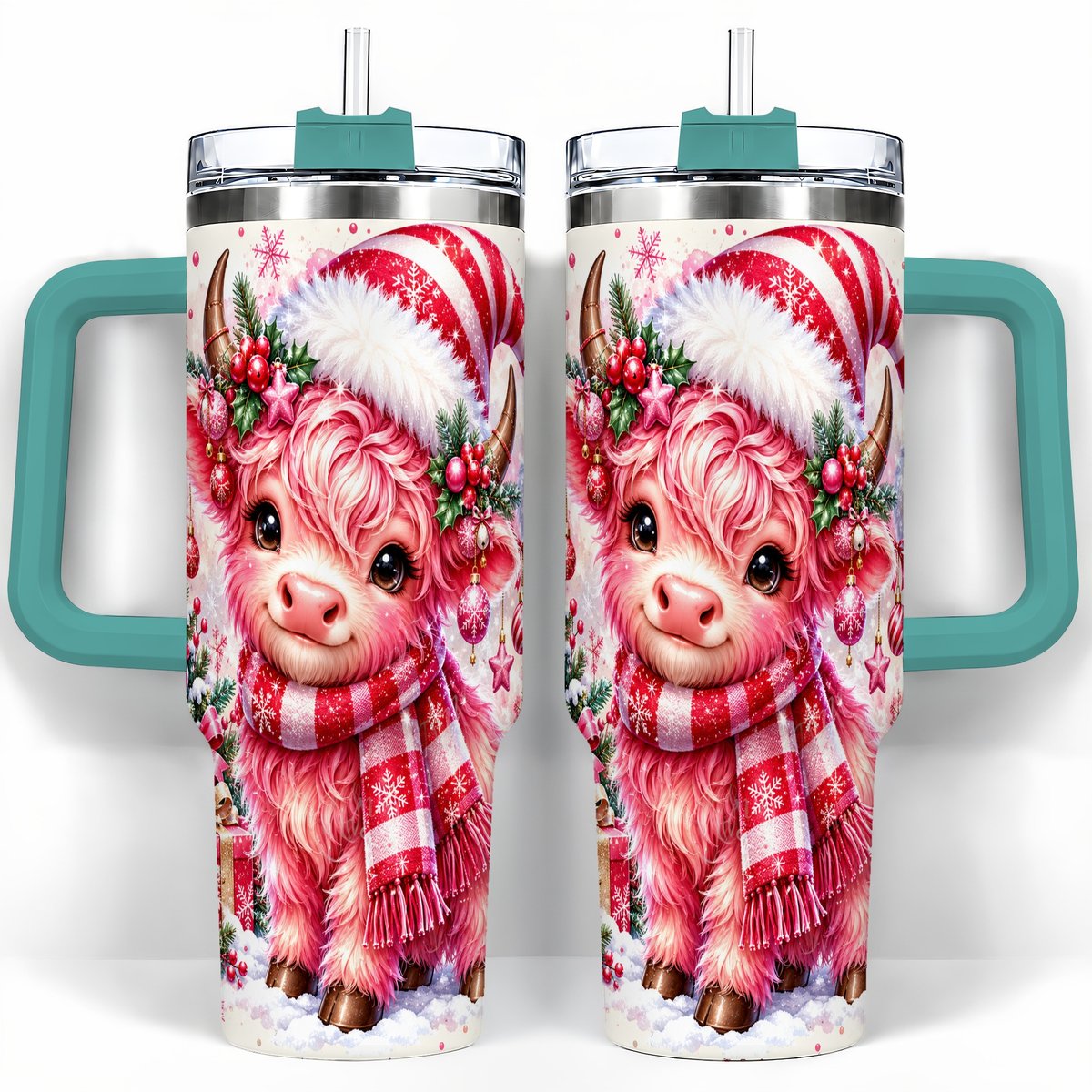 #pl[40oz|Green] Pink Highland Cow 40oz Tumbler with Handle, Christmas Cup for Women