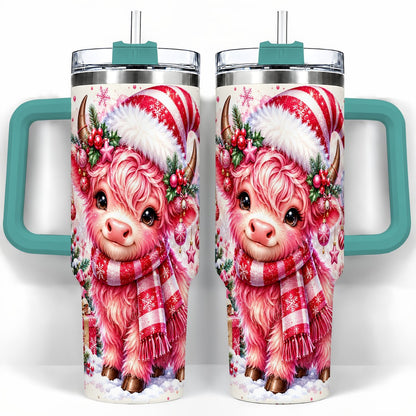 #pl[40oz|Green] Pink Highland Cow 40oz Tumbler with Handle, Christmas Cup for Women