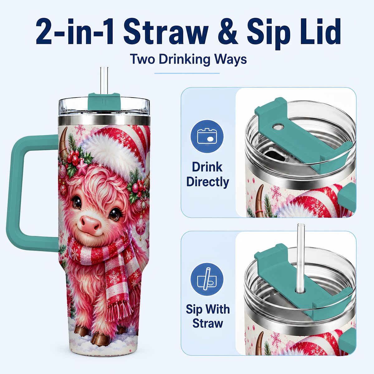 #pl[40oz|Green] Pink Highland Cow 40oz Tumbler with Handle, Christmas Cup for Women