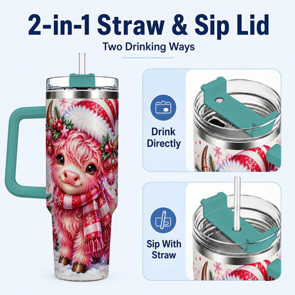 #pl[40oz|Green] Pink Highland Cow 40oz Tumbler with Handle, Christmas Cup for Women