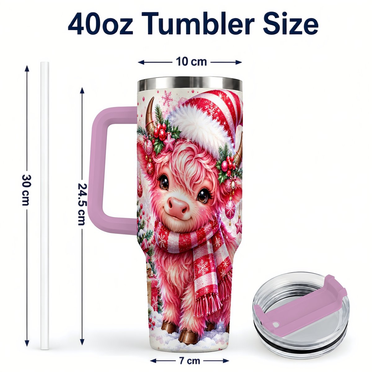 #pl[40oz|Pink] Pink Highland Cow 40oz Tumbler with Handle, Christmas Cup for Women