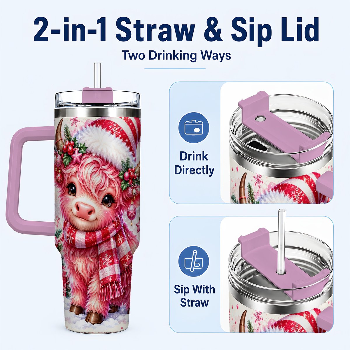#pl[40oz|Pink] Pink Highland Cow 40oz Tumbler with Handle, Christmas Cup for Women