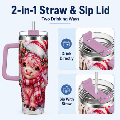 #pl[40oz|Pink] Pink Highland Cow 40oz Tumbler with Handle, Christmas Cup for Women