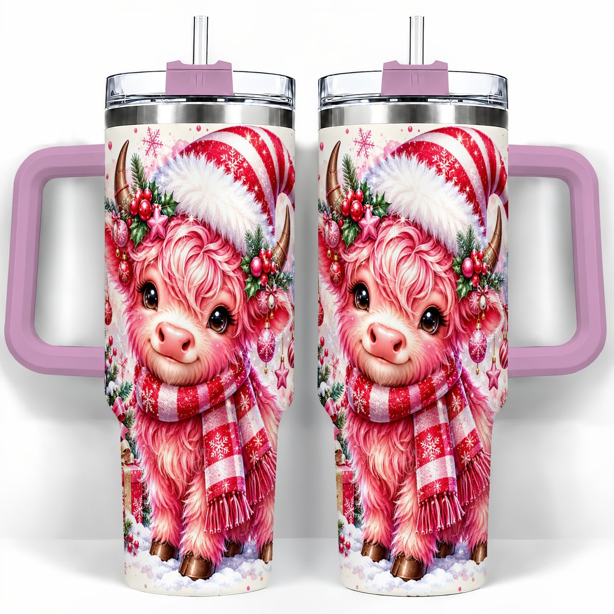 #pl[40oz|Pink] Pink Highland Cow 40oz Tumbler with Handle, Christmas Cup for Women