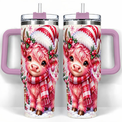 #pl[40oz|Pink] Pink Highland Cow 40oz Tumbler with Handle, Christmas Cup for Women