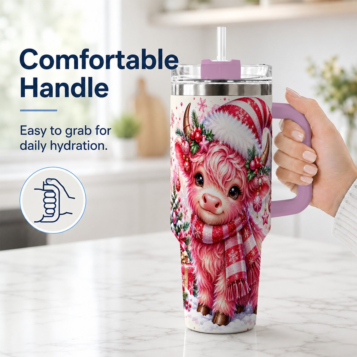 #pl[40oz|Pink] Pink Highland Cow 40oz Tumbler with Handle, Christmas Cup for Women