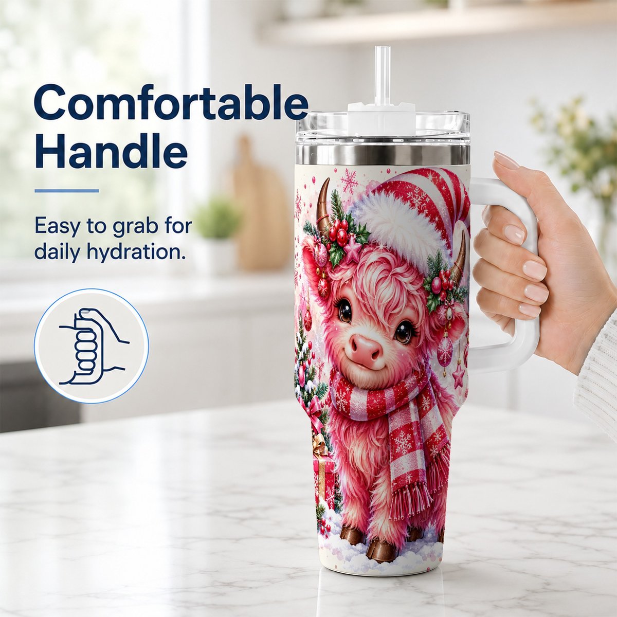 #pl[40oz|White] Pink Highland Cow 40oz Tumbler with Handle, Christmas Cup for Women