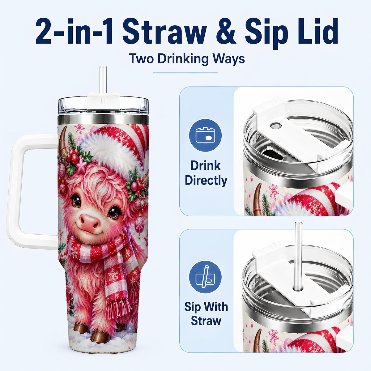 #pl[40oz|White] Pink Highland Cow 40oz Tumbler with Handle, Christmas Cup for Women