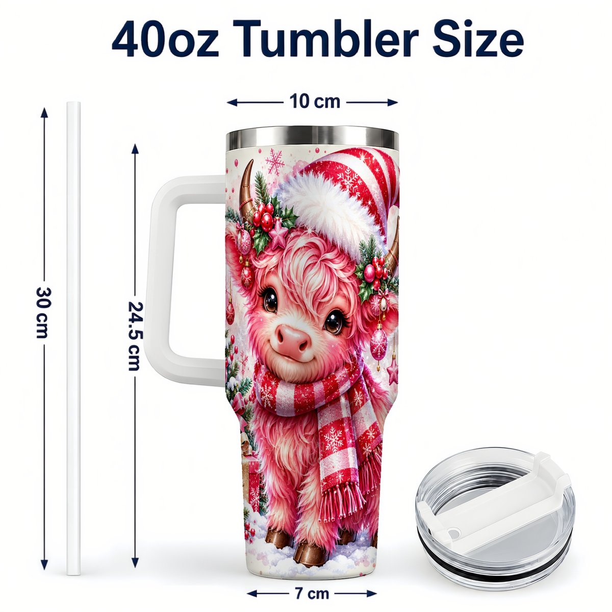 #pl[40oz|White] Pink Highland Cow 40oz Tumbler with Handle, Christmas Cup for Women