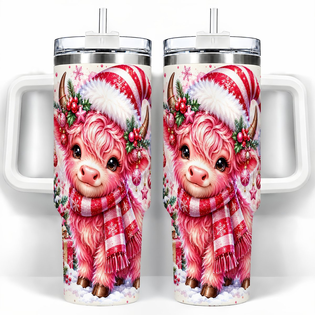Pink Highland Cow 40oz Tumbler with Handle, Christmas Cup for Women