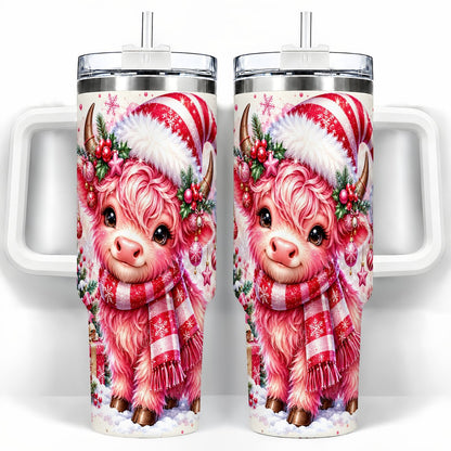Pink Highland Cow 40oz Tumbler with Handle, Christmas Cup for Women