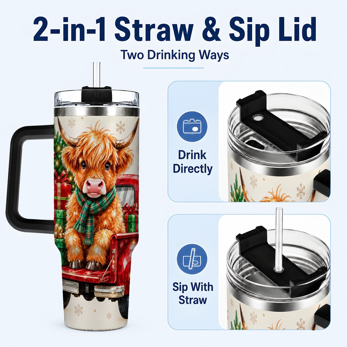 #pl[40oz|Black] Highland Cow Truck 40oz Tumbler with Handle, Holiday Cup for Cow Lovers