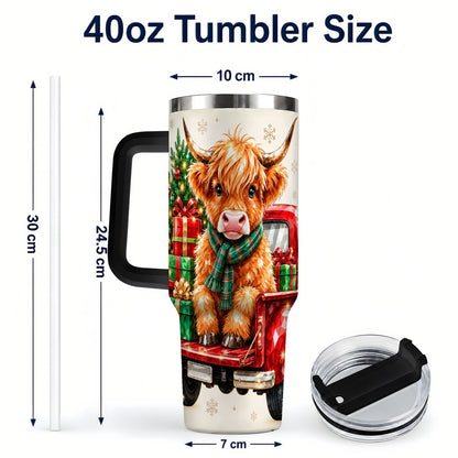 #pl[40oz|Black] Highland Cow Truck 40oz Tumbler with Handle, Holiday Cup for Cow Lovers