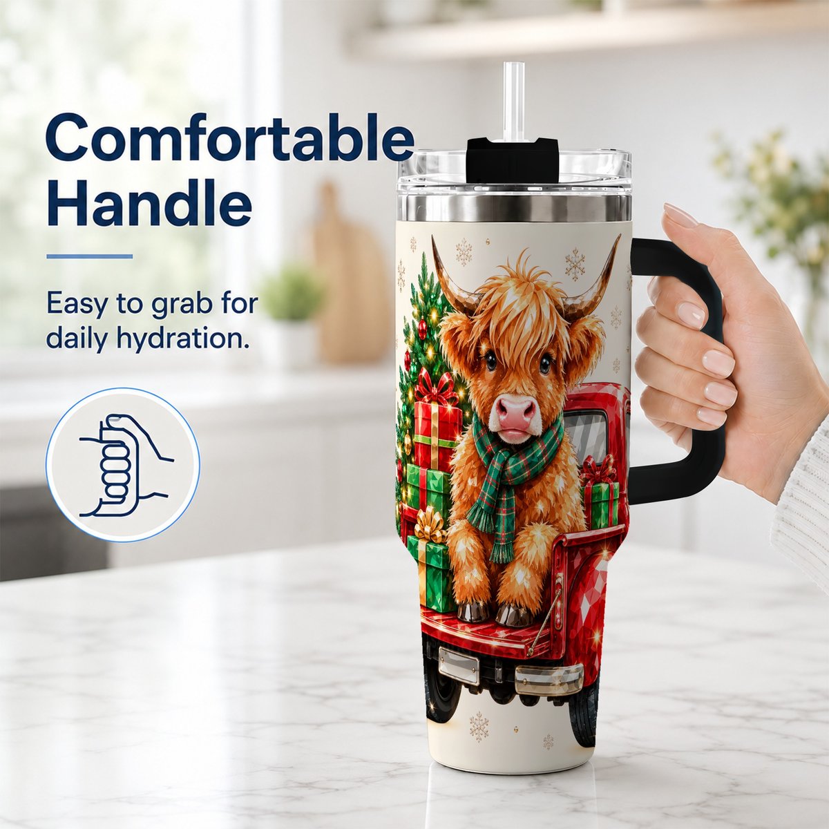 #pl[40oz|Black] Highland Cow Truck 40oz Tumbler with Handle, Holiday Cup for Cow Lovers