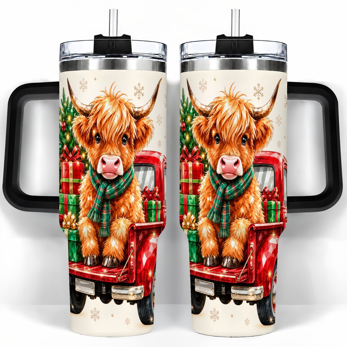 #pl[40oz|Black] Highland Cow Truck 40oz Tumbler with Handle, Holiday Cup for Cow Lovers