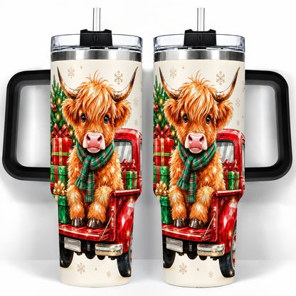 #pl[40oz|Black] Highland Cow Truck 40oz Tumbler with Handle, Holiday Cup for Cow Lovers