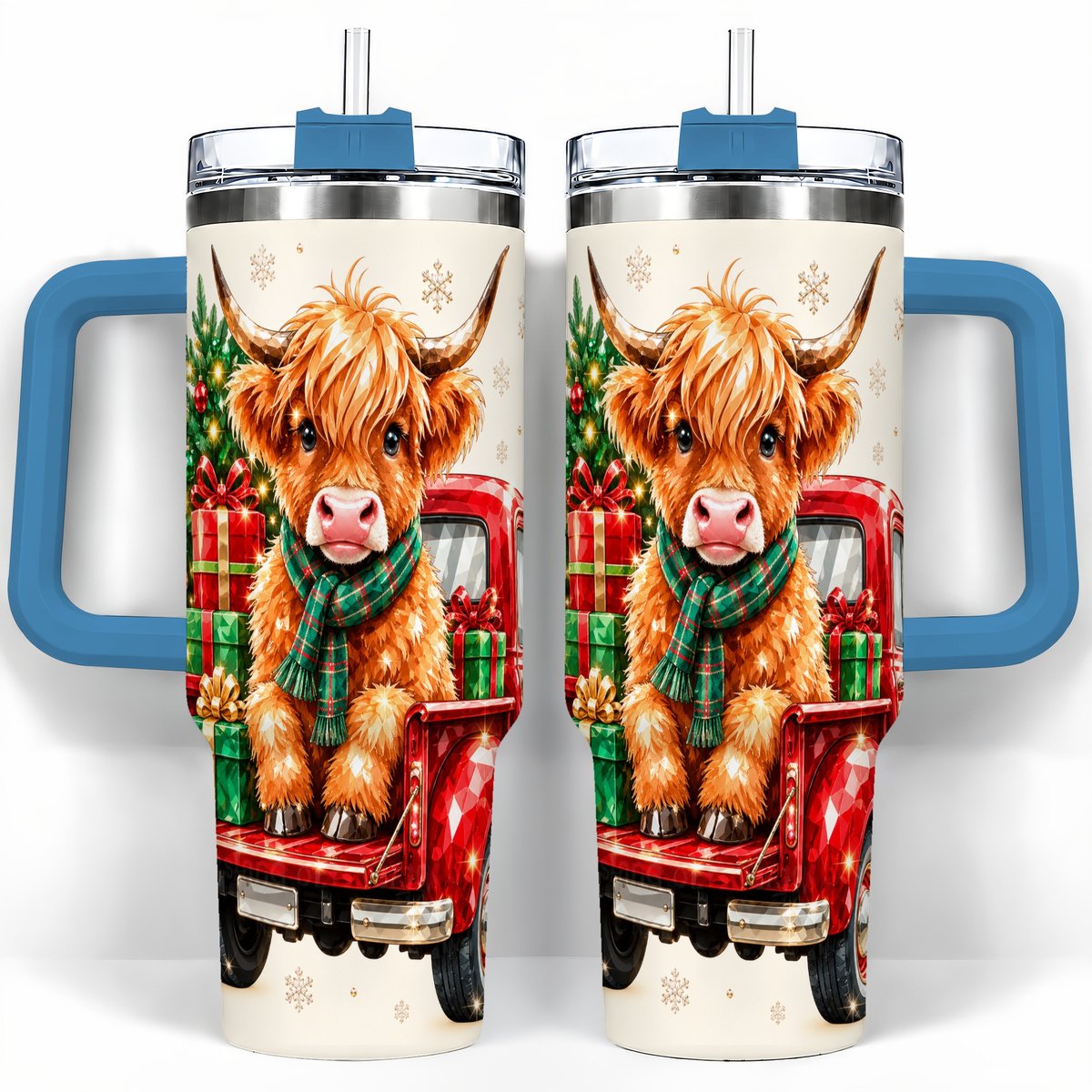 #pl[40oz|Blue] Highland Cow Truck 40oz Tumbler with Handle, Holiday Cup for Cow Lovers