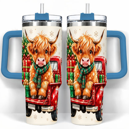 #pl[40oz|Blue] Highland Cow Truck 40oz Tumbler with Handle, Holiday Cup for Cow Lovers