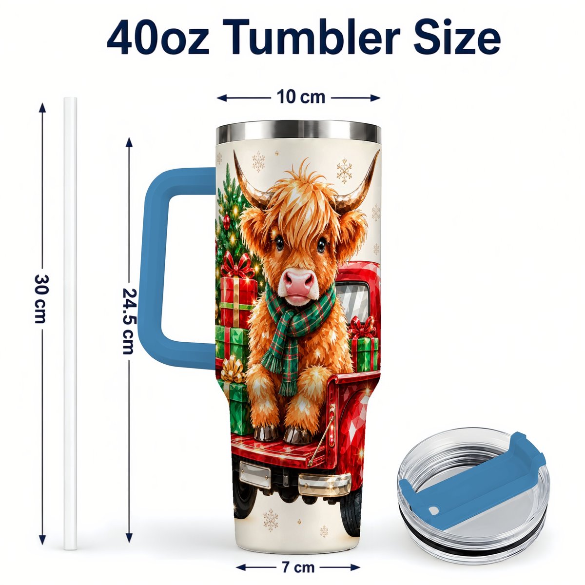 #pl[40oz|Blue] Highland Cow Truck 40oz Tumbler with Handle, Holiday Cup for Cow Lovers