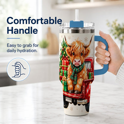 #pl[40oz|Blue] Highland Cow Truck 40oz Tumbler with Handle, Holiday Cup for Cow Lovers