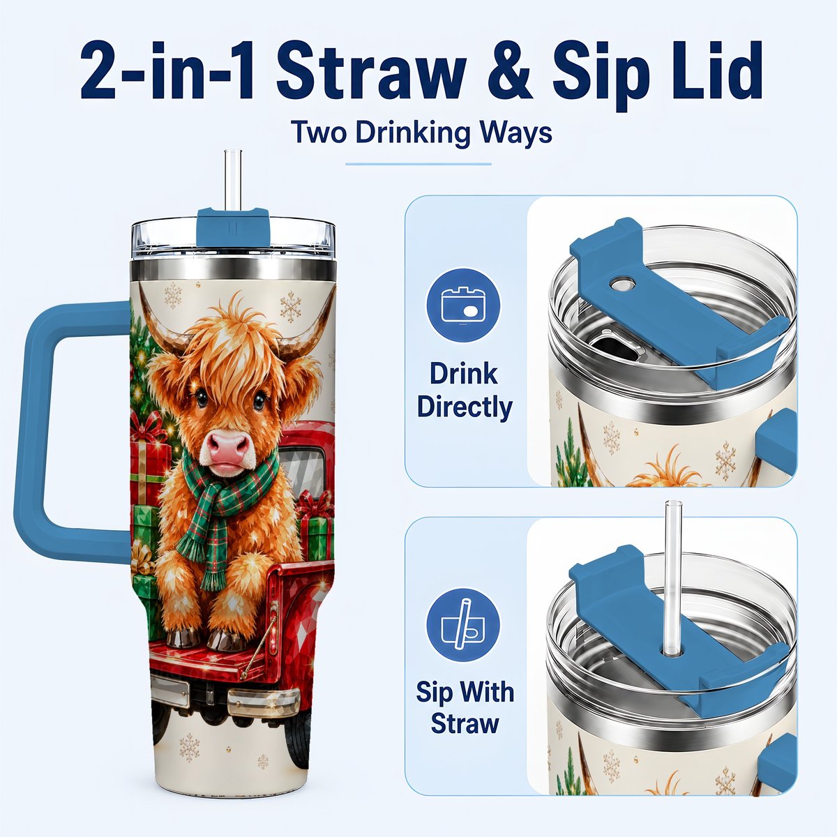 #pl[40oz|Blue] Highland Cow Truck 40oz Tumbler with Handle, Holiday Cup for Cow Lovers
