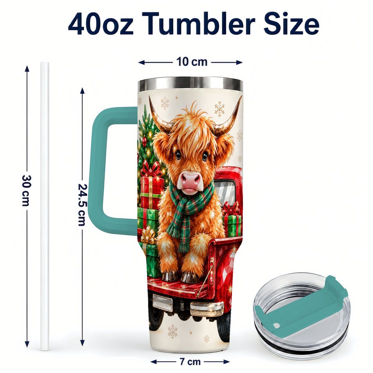 #pl[40oz|Green] Highland Cow Truck 40oz Tumbler with Handle, Holiday Cup for Cow Lovers