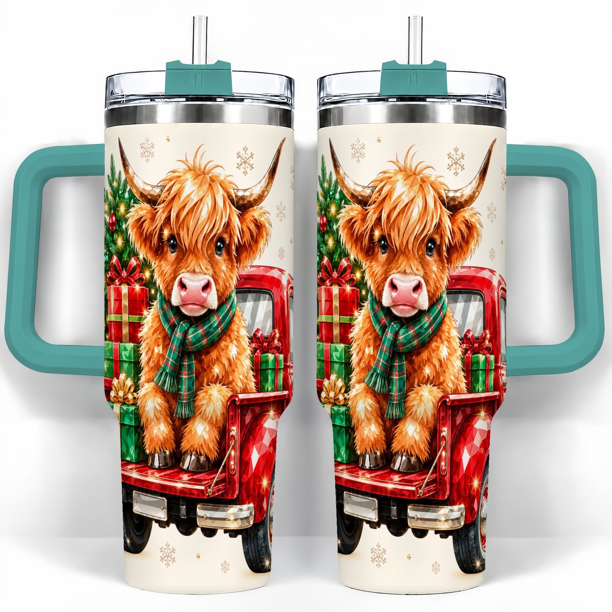 #pl[40oz|Green] Highland Cow Truck 40oz Tumbler with Handle, Holiday Cup for Cow Lovers